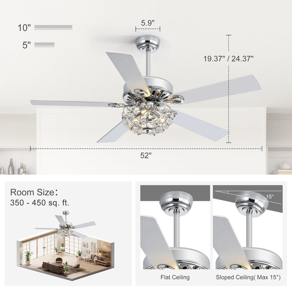 52-Inch Chrome Ceiling Fan with Light, Reversible DC Motor, 6 Speeds Remote Control, 5 Blades, E12 Bulb Base, Downrod Mount