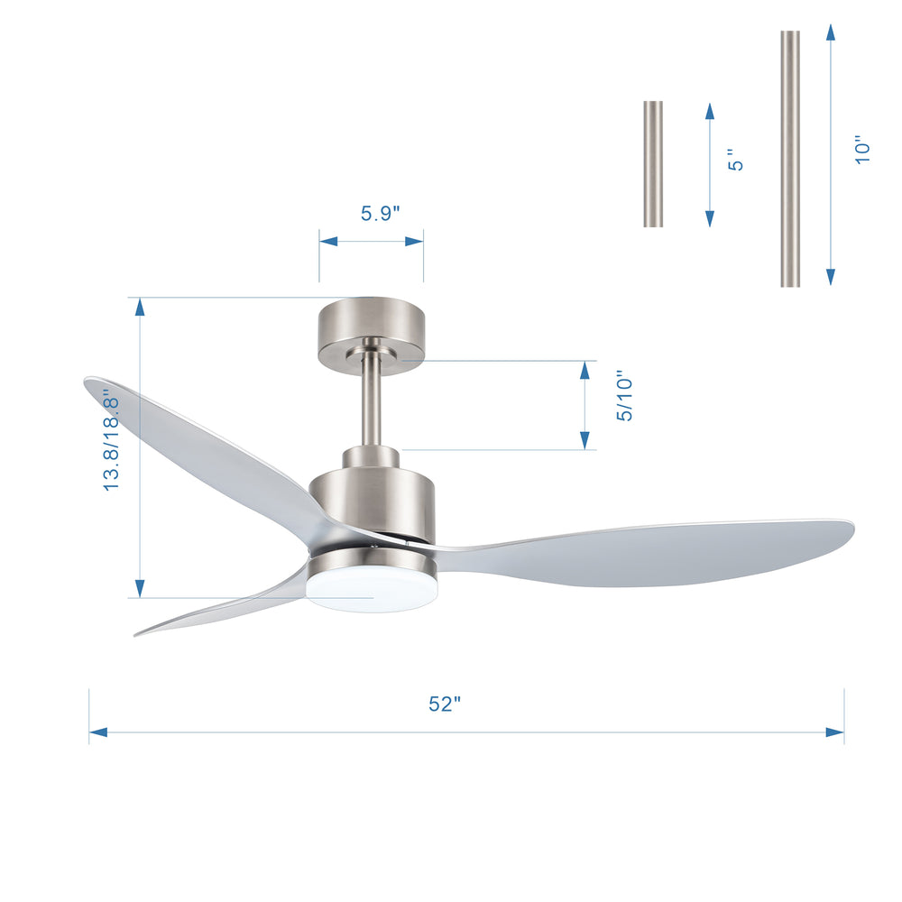 52-Inch Modern Ceiling Fan with Light, 3 ABS Blades, 18W LED with 3 Color Temperatures, Remote Control with 6 Speeds, Reverse Function, Timer, Quiet DC Motor, Includes 5" & 10" Downrods, Ideal for Dining, Bedroom, and Living Room