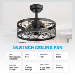 16.5-in Black Enclosed Caged Ceiling Fan with Remote Light(7-blade)