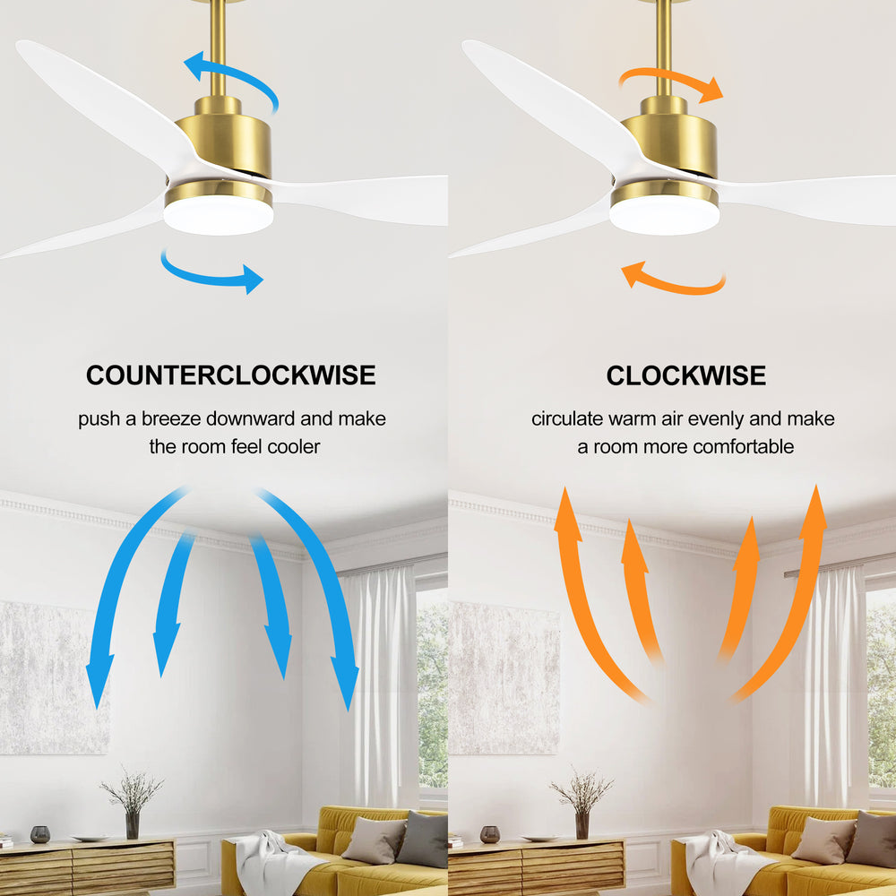 52-Inch Modern Ceiling Fan with Light, 3 ABS Blades, 18W LED with 3 Color Temperatures, Remote Control with 6 Speeds, Reverse Function, Timer, Quiet DC Motor, Includes 5" & 10" Downrods, Ideal for Dining, Bedroom, and Living Room