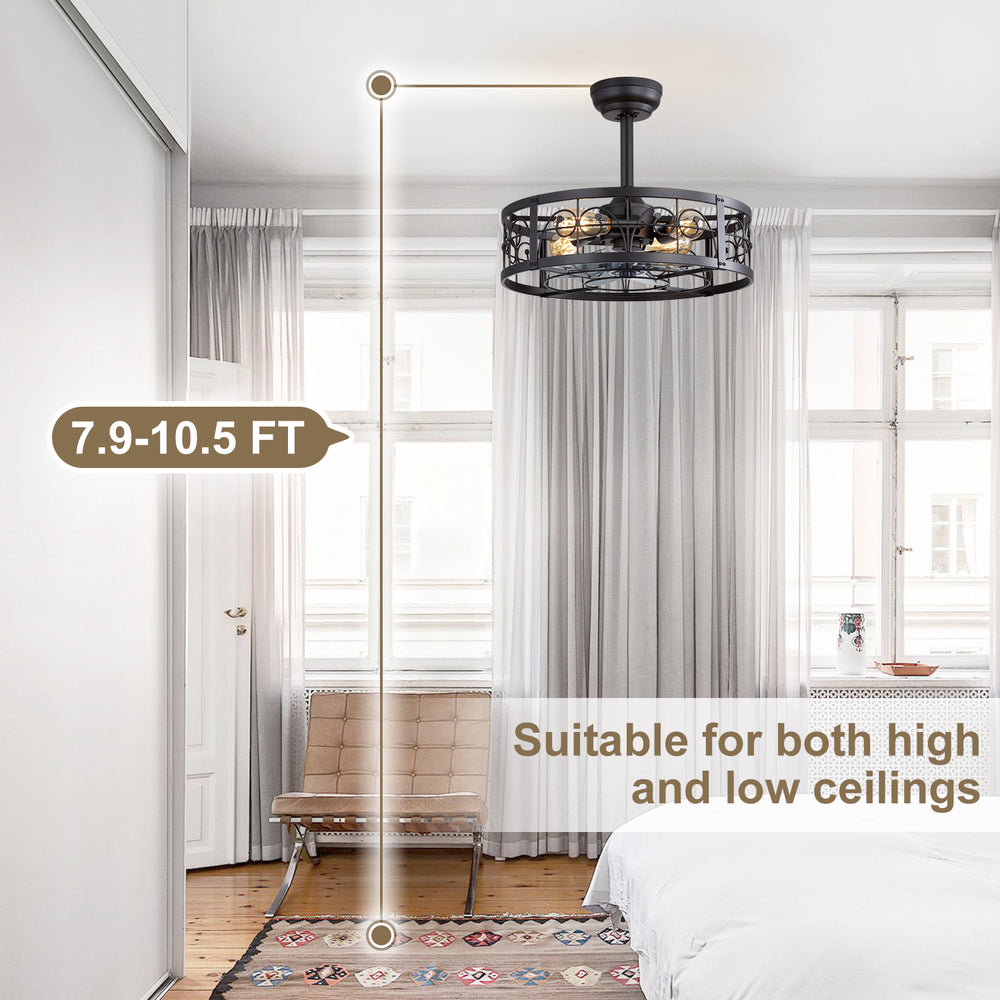 20-inch Matte Black Metal Caged Ceiling Fan with Light and Remote,7 ABS Blades,4in and 8in Downrod Included