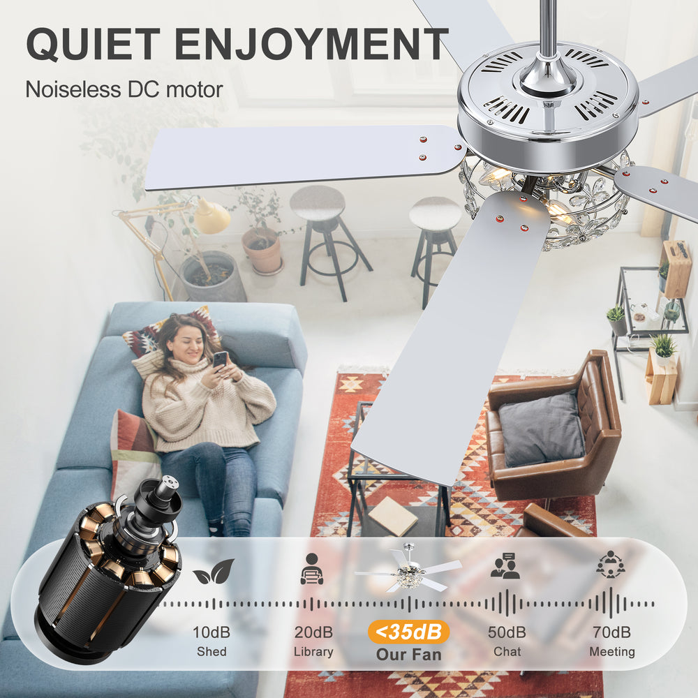52-Inch Chrome Ceiling Fan with Light, Reversible DC Motor, 6 Speeds Remote Control, 5 Blades, E12 Bulb Base, Downrod Mount