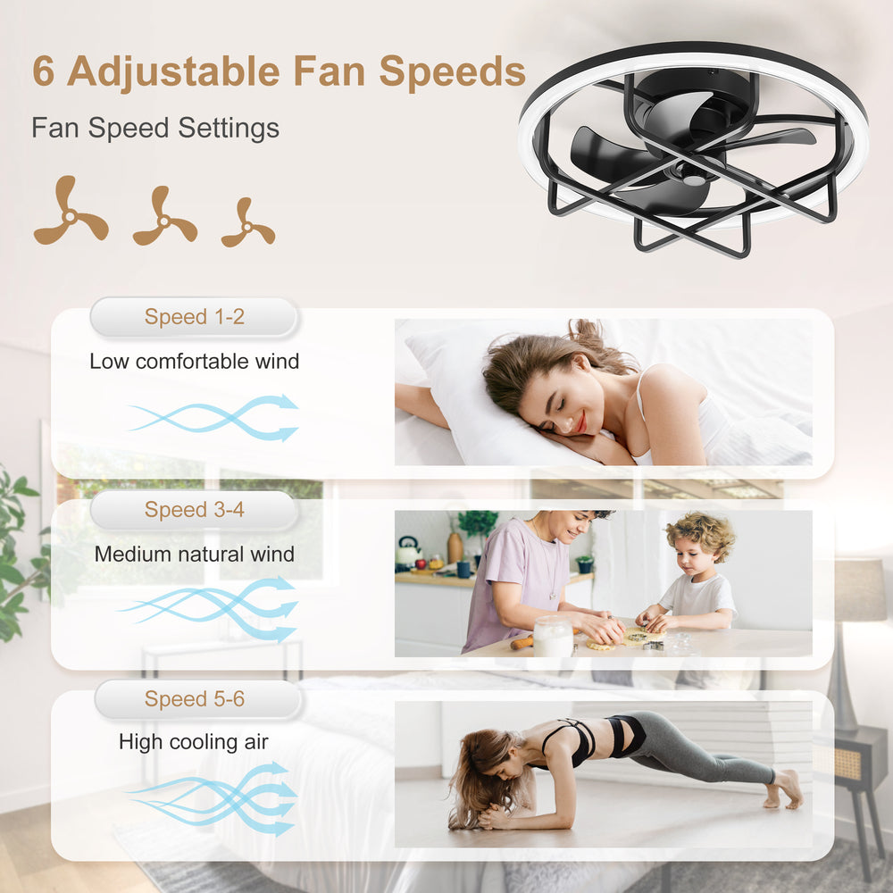 20-Inch Ceiling Fan with Light, Low Profile Flush Mount or Downrod, DC Motor, 6 Speeds, RGB & 3CCT Dimmable LED, Remote Control, Matte Black