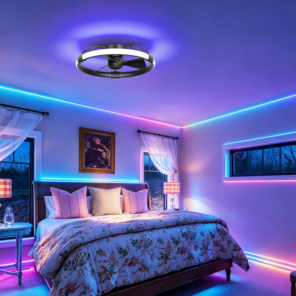 24 Inch Flush Mount RGB Ceiling Fan with Light, Dimmable 3CCT LED Light, 6-Speed Reversible DC Motor, Remote Control, Low Profile Enclosed Fan