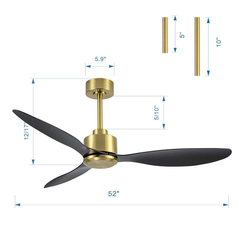 52-Inch Ceiling Fan without Light, 3 ABS Blades, Remote Control with 6 Speeds, Reverse Function, Timer, Quiet DC Motor, Includes 5" & 10" Downrods, Ideal for Dining, Bedroom, and Living Room