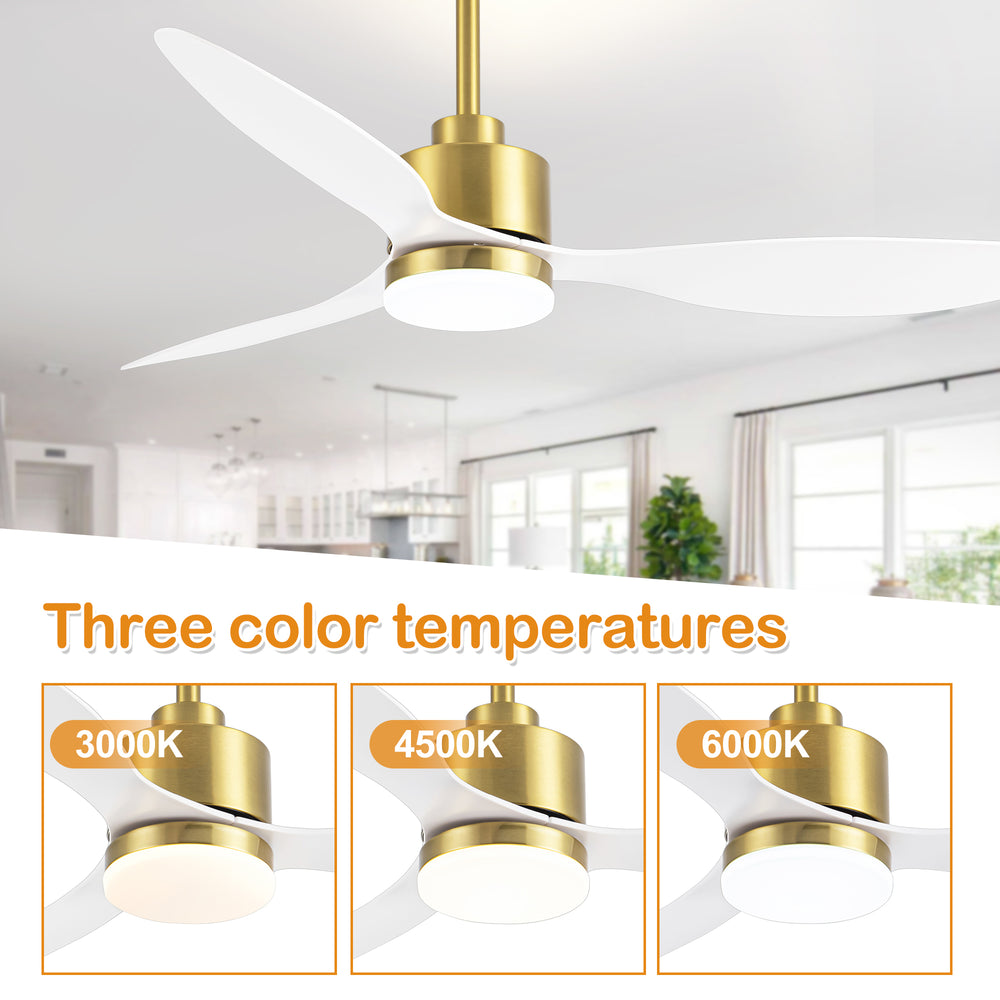 52-Inch Modern Ceiling Fan with Light, 3 ABS Blades, 18W LED with 3 Color Temperatures, Remote Control with 6 Speeds, Reverse Function, Timer, Quiet DC Motor, Includes 5" & 10" Downrods, Ideal for Dining, Bedroom, and Living Room