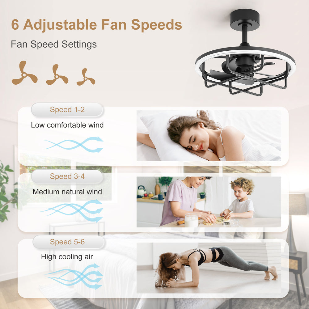 20-Inch Ceiling Fan with Light, Low Profile Flush Mount or Downrod, DC Motor, 6 Speeds, RGB & 3CCT Dimmable LED, Remote Control, Matte Black