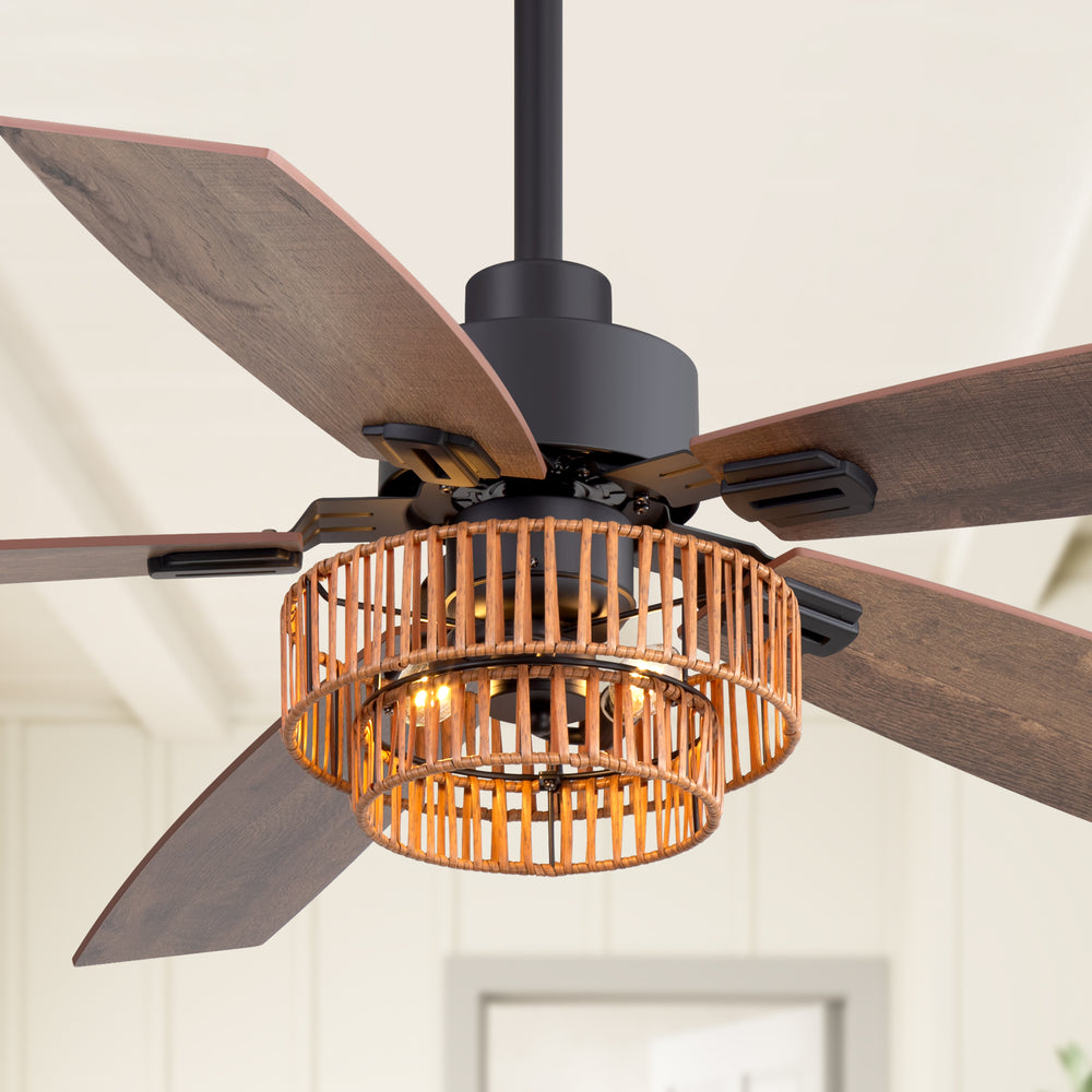 52-inch Farmhouse Ceiling Fan with Light, 5 Dual-Finish Reversible Plywood Blades, Quiet Energy-Saving DC Motor, E12 Bulb Base, 6-Speed Remote Control with Timer, Forward/Reverse Rotation, and 6" Downrod Included