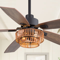 52" Farmhouse Ceiling Fan with Light, 5 Dual-Finish Reversible Plywood Blades, Quiet Energy-Saving DC Motor, E12 Bulb Base, 6-Speed Remote Control with Timer, Forward/Reverse Rotation, and 6" Downrod Included