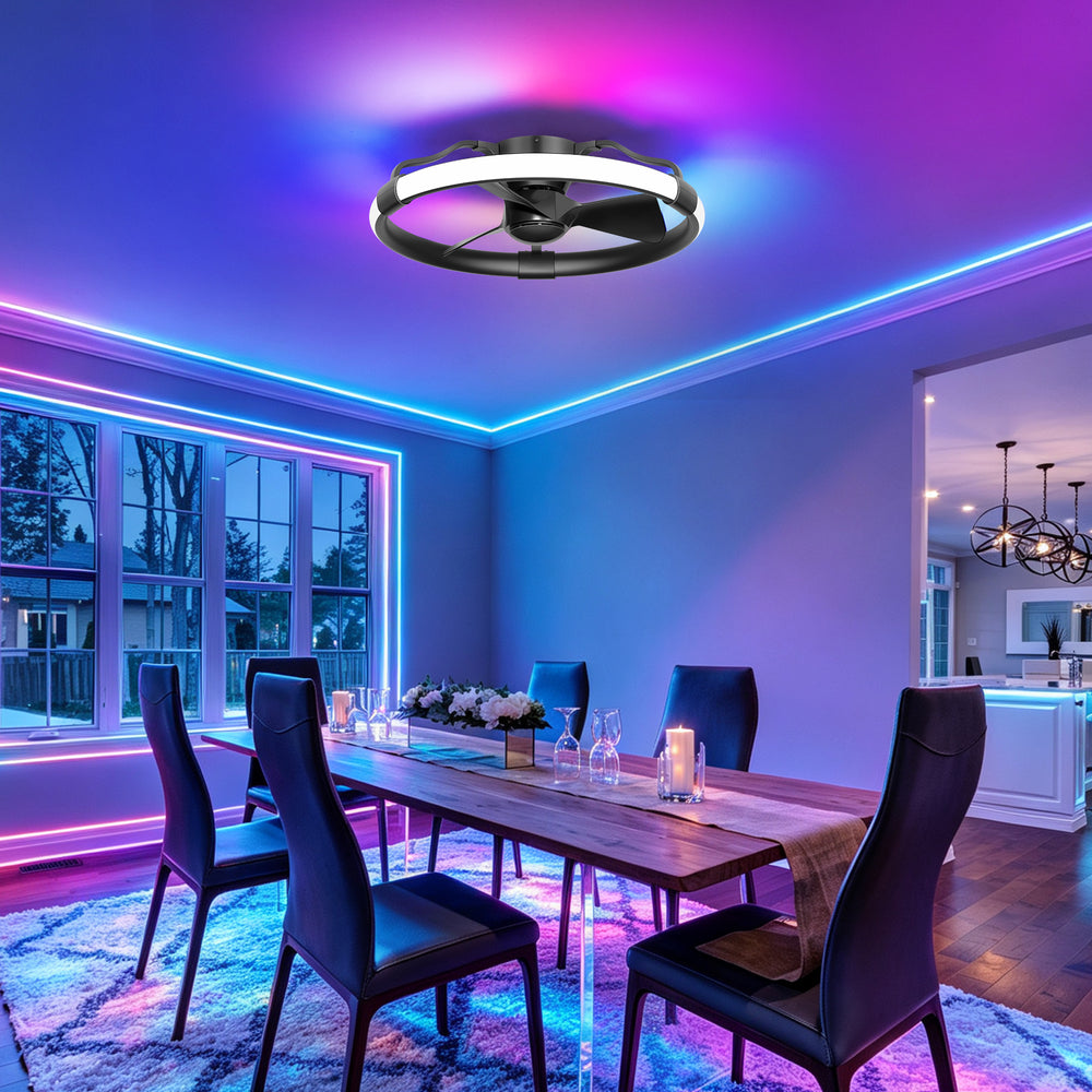 24 Inch Flush Mount RGB Ceiling Fan with Light, Dimmable 3CCT LED Light, 6-Speed Reversible DC Motor, Remote Control, Low Profile Enclosed Fan