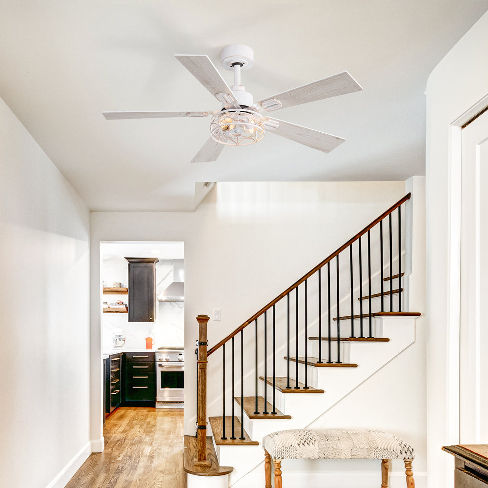 42-inch Ceiling Fan with Distressed White or Matte Black Finish, 5 Reversible Blades, Quiet DC Motor, Remote Control,6" Downrod