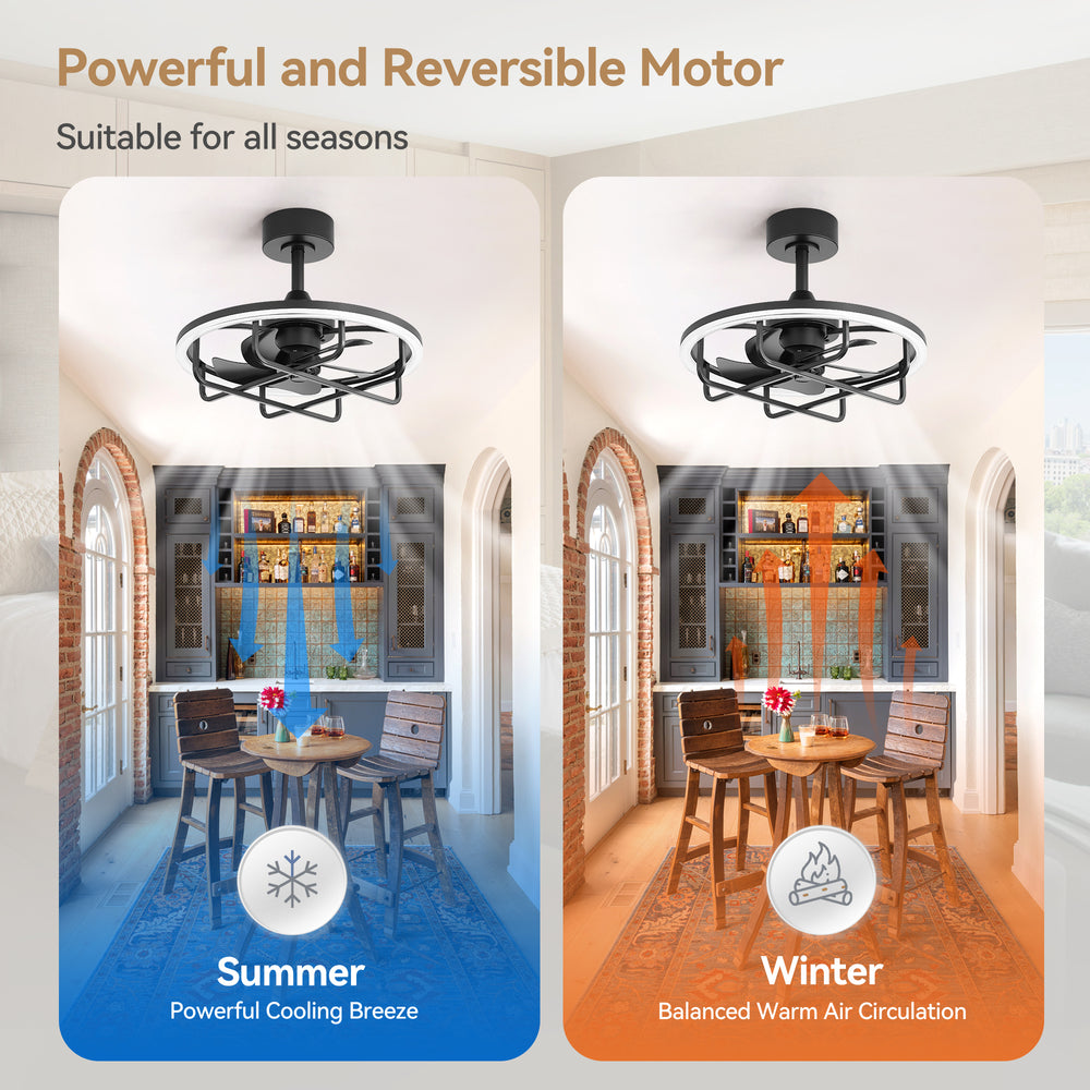 20-Inch Ceiling Fan with Light, Low Profile Flush Mount or Downrod, DC Motor, 6 Speeds, RGB & 3CCT Dimmable LED, Remote Control, Matte Black