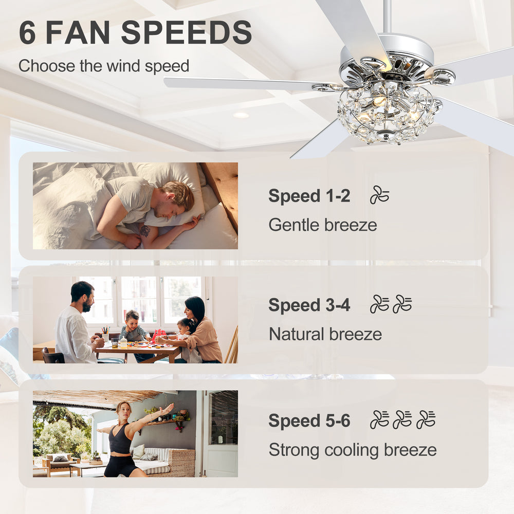 52-Inch Chrome Ceiling Fan with Light, Reversible DC Motor, 6 Speeds Remote Control, 5 Blades, E12 Bulb Base, Downrod Mount