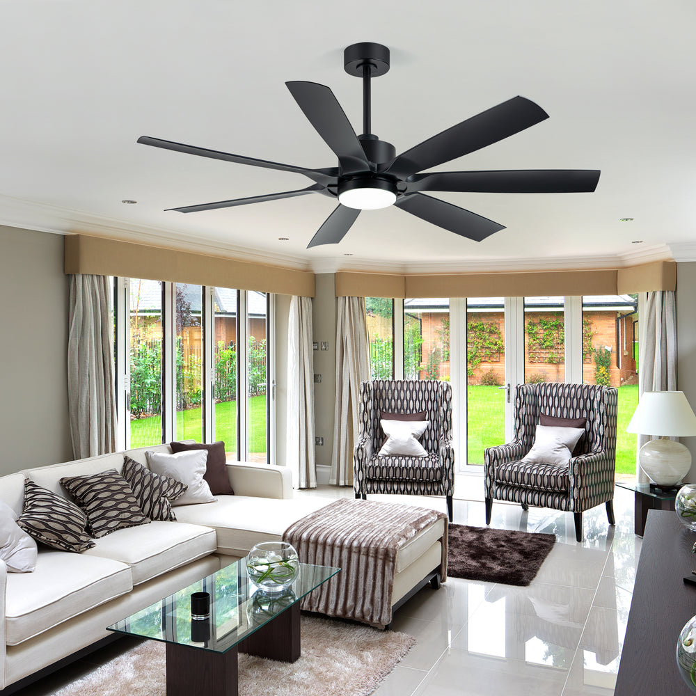 60-inch Modern Matte Black 7-Blade Ceiling Fan with 18W LED Light, 6-Speed DC Motor,Remote,3 Color Temps and Dual Downrods (6" & 12")