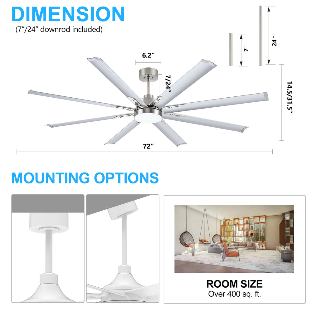 72-Inch Modern Ceiling Fan with Remote, Reversible Powerful DC Motor, 8 Aluminum Blades, 6-Speed, Dual Downrods（7“&24”）, LED Light Kit with 3 Color Temps(3000K/4500K/6000K), Black/Gold Black/White/Gold White Finish for Large Room
