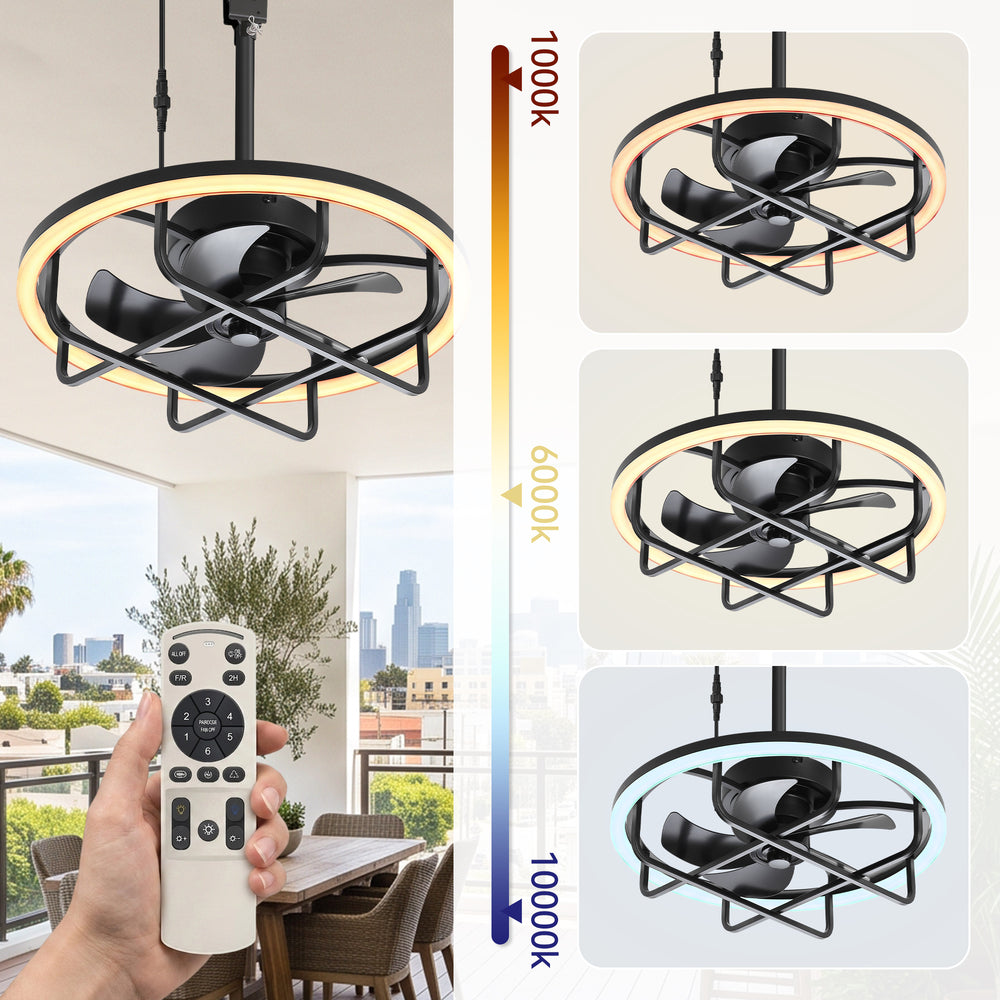 20" Outdoor Ceiling Fan with RGB LED Light, Modern Black Caged Design, Quiet Reversible DC Motor, 6 Speeds, Dimmable, Remote, Timer, Memory