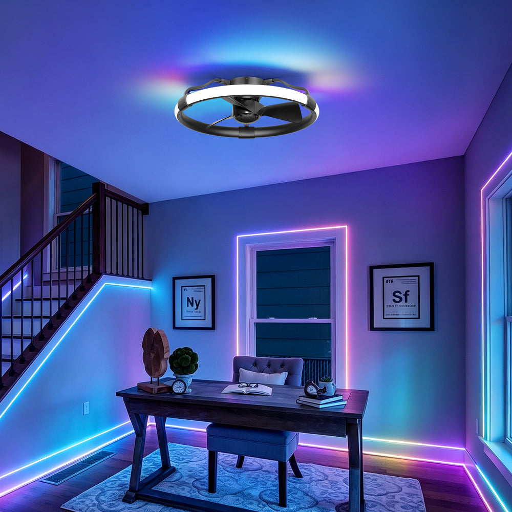 24 Inch Flush Mount RGB Ceiling Fan with Light, Dimmable 3CCT LED Light, 6-Speed Reversible DC Motor, Remote Control, Low Profile Enclosed Fan