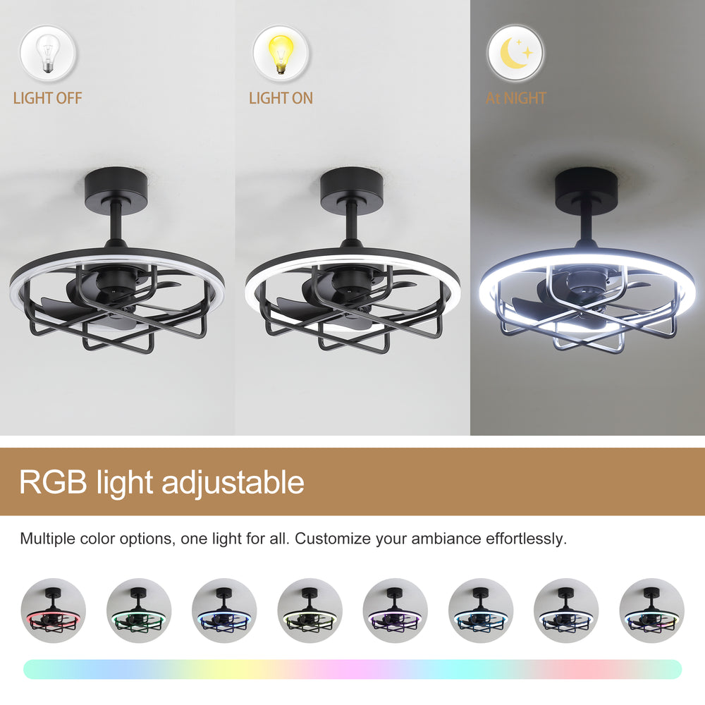 20-Inch Ceiling Fan with Light, Low Profile Flush Mount or Downrod, DC Motor, 6 Speeds, RGB & 3CCT Dimmable LED, Remote Control, Matte Black