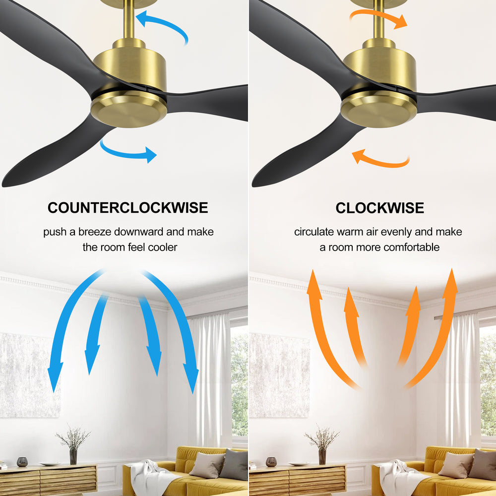 52-Inch Ceiling Fan without Light, 3 ABS Blades, Remote Control with 6 Speeds, Reverse Function, Timer, Quiet DC Motor, Includes 5" & 10" Downrods, Ideal for Dining, Bedroom, and Living Room