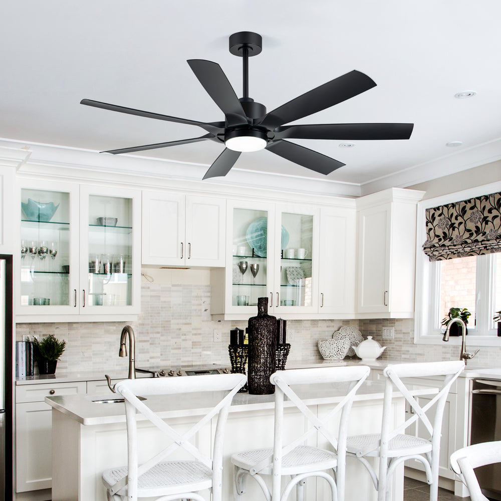 60-inch Modern Matte Black 7-Blade Ceiling Fan with 18W LED Light, 6-Speed DC Motor,Remote,3 Color Temps and Dual Downrods (6" & 12")