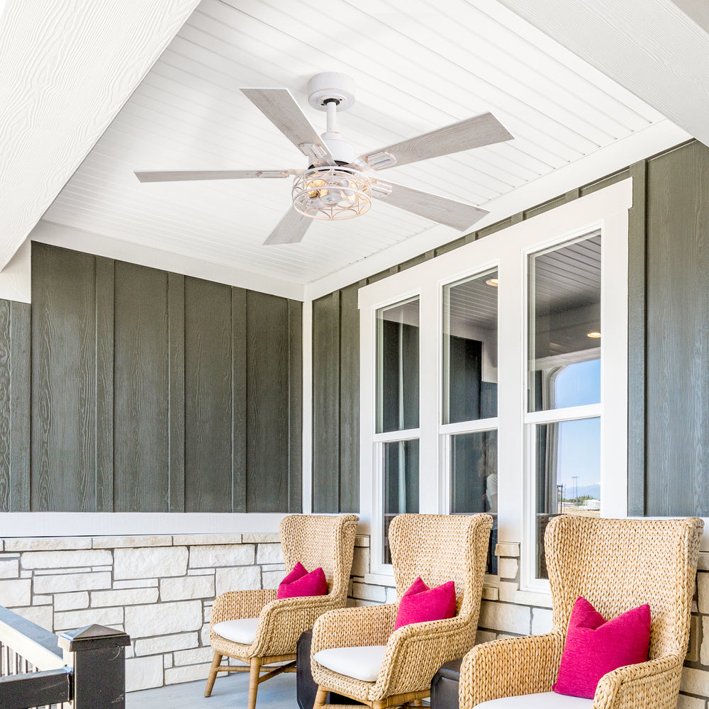 42-inch Ceiling Fan with Distressed White or Matte Black Finish, 5 Reversible Blades, Quiet DC Motor, Remote Control,6" Downrod