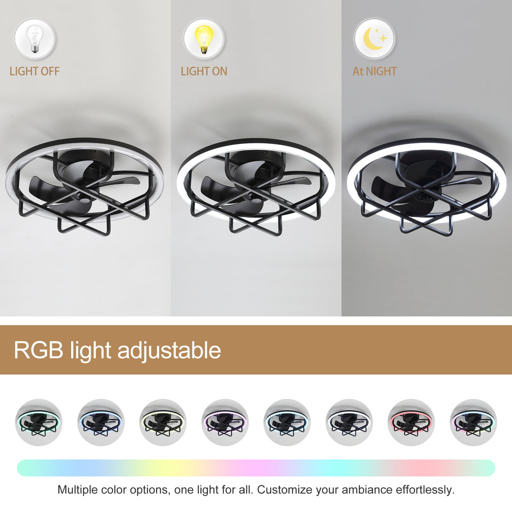 20-Inch Ceiling Fan with Light, Low Profile Flush Mount or Downrod, DC Motor, 6 Speeds, RGB & 3CCT Dimmable LED, Remote Control, Matte Black