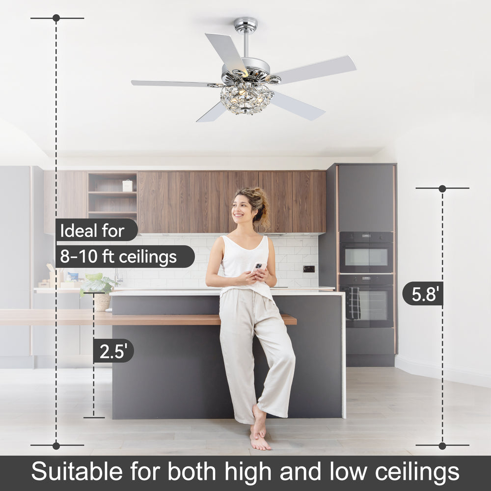 52-Inch Chrome Ceiling Fan with Light, Reversible DC Motor, 6 Speeds Remote Control, 5 Blades, E12 Bulb Base, Downrod Mount