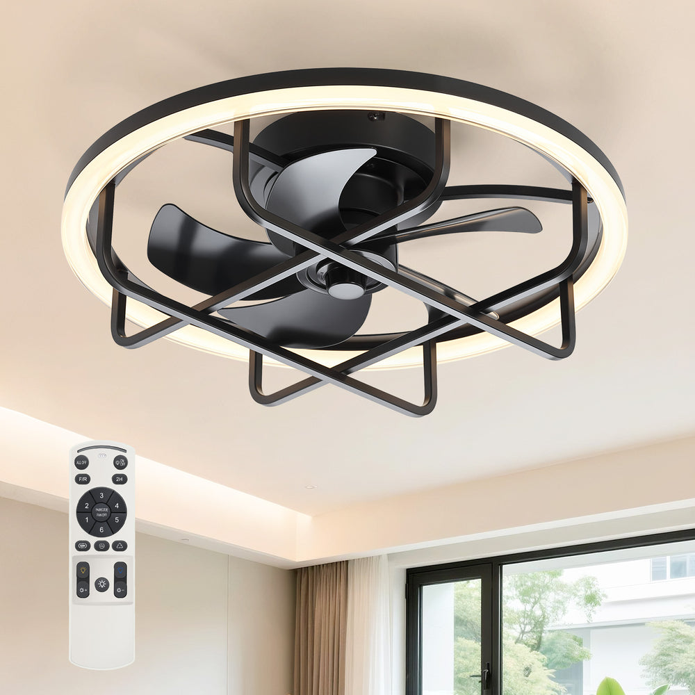 20-Inch Ceiling Fan with Light, Low Profile Flush Mount or Downrod, DC Motor, 6 Speeds, RGB & 3CCT Dimmable LED, Remote Control, Matte Black