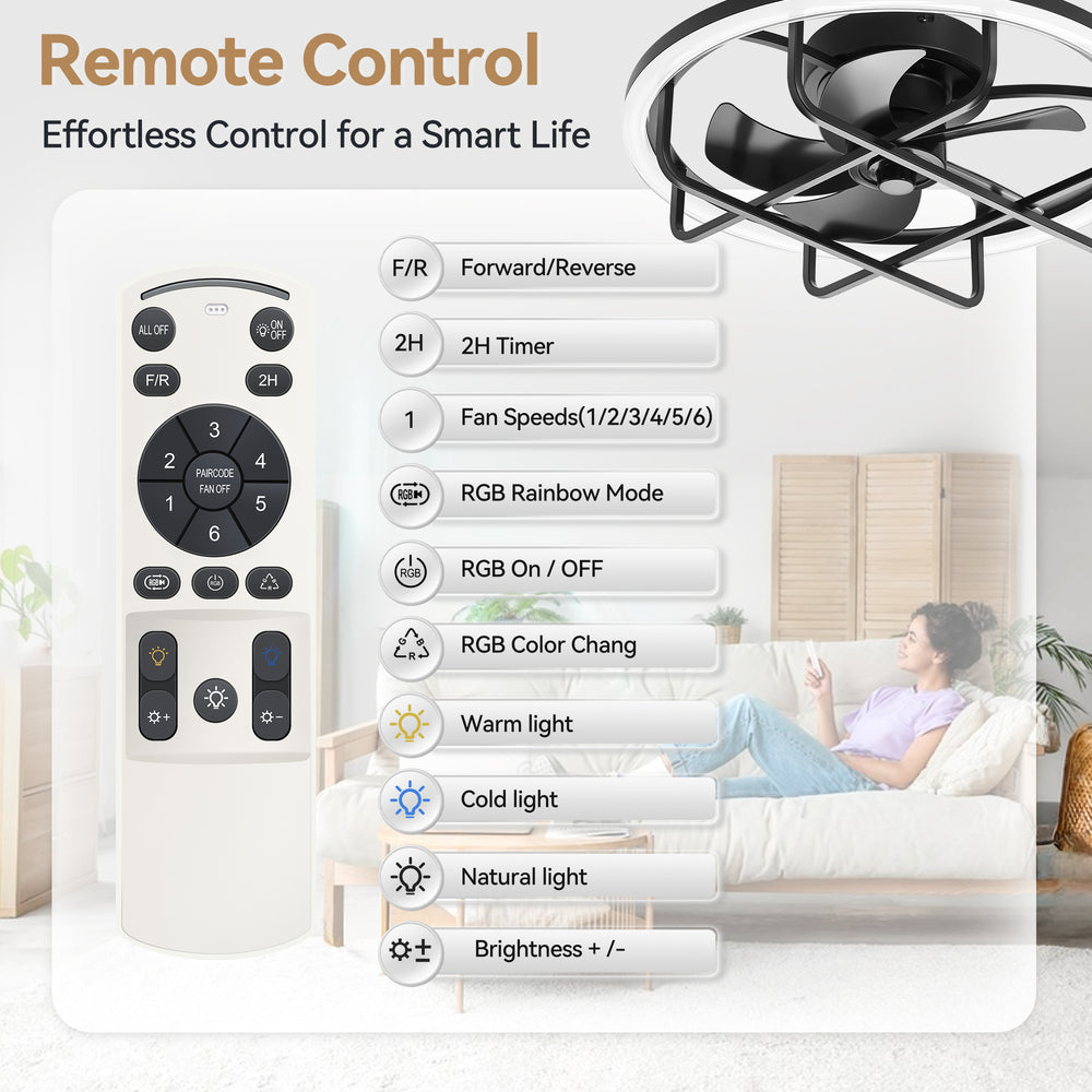 20-Inch Ceiling Fan with Light, Low Profile Flush Mount or Downrod, DC Motor, 6 Speeds, RGB & 3CCT Dimmable LED, Remote Control, Matte Black
