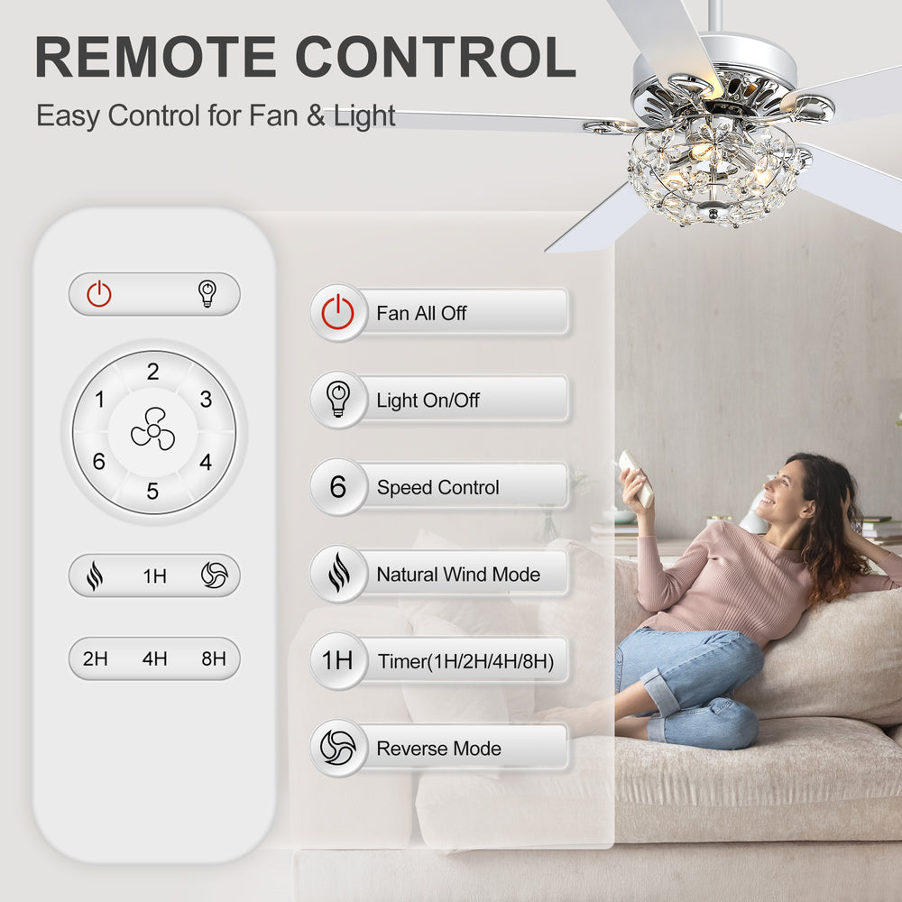 52-Inch Chrome Ceiling Fan with Light, Reversible DC Motor, 6 Speeds Remote Control, 5 Blades, E12 Bulb Base, Downrod Mount