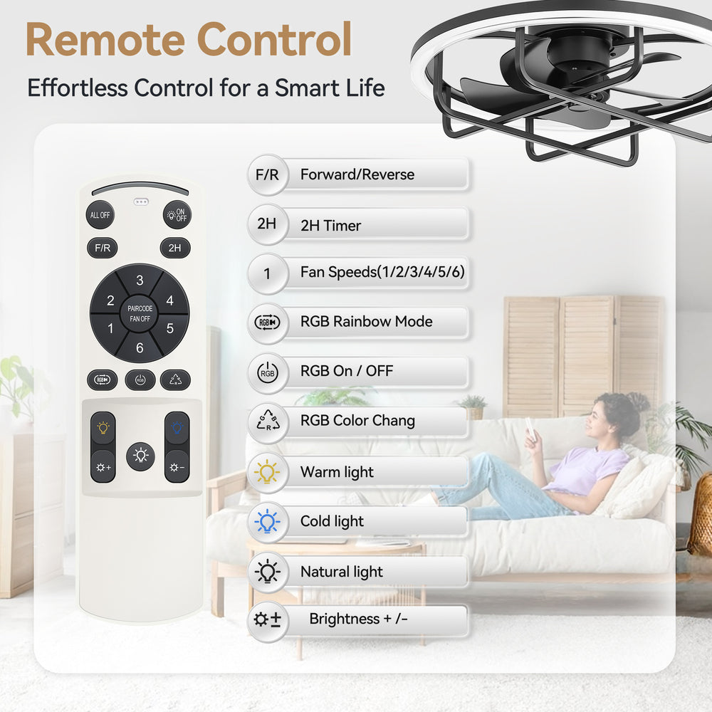 20-Inch Ceiling Fan with Light, Low Profile Flush Mount or Downrod, DC Motor, 6 Speeds, RGB & 3CCT Dimmable LED, Remote Control, Matte Black
