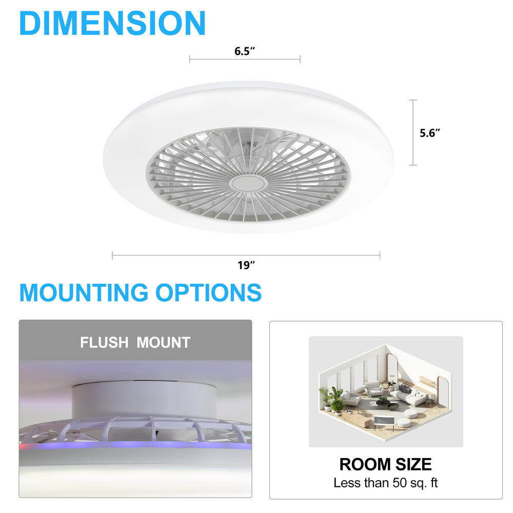 19 Inch Enclosed Low Profile RGB Ceiling Fan Works with Alexa/Google/APP