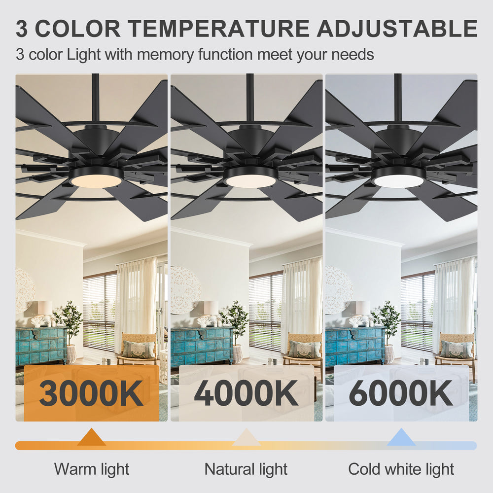 62 Inch Ceiling Fan with Light and Remote, Quiet DC Motor, 6 Speed Reversible Ceiling Fan, 3 Color Temperature LED, Dual Finish Blades, Modern Large Room Fan
