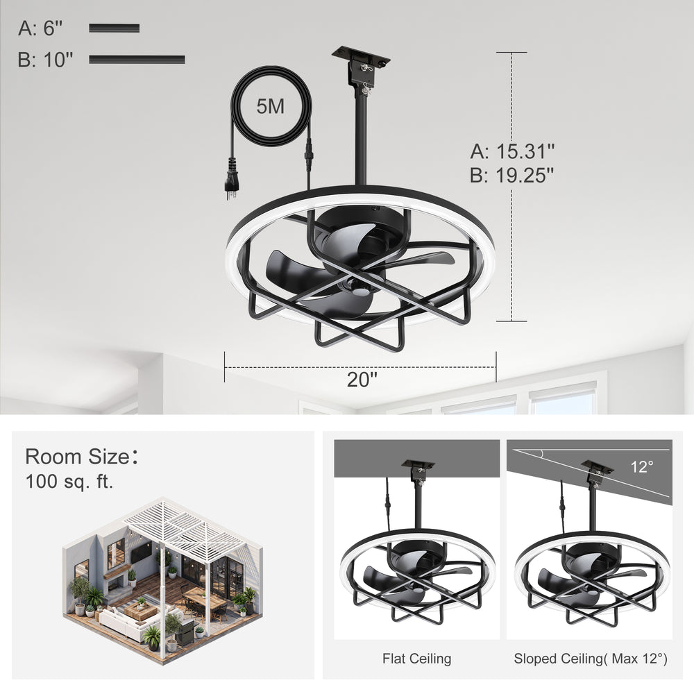 20" Outdoor Ceiling Fan with RGB LED Light, Modern Black Caged Design, Quiet Reversible DC Motor, 6 Speeds, Dimmable, Remote, Timer, Memory