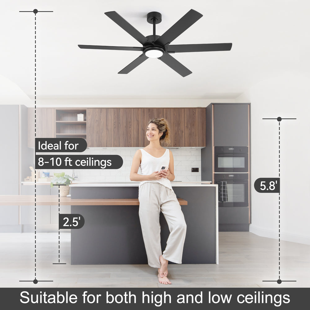Modern 60" Ceiling Fan with LED Light, Remote Control, Quiet DC Motor, 6-Speed Reversible Fan, Dimmable Lighting, Timer for Bedroom