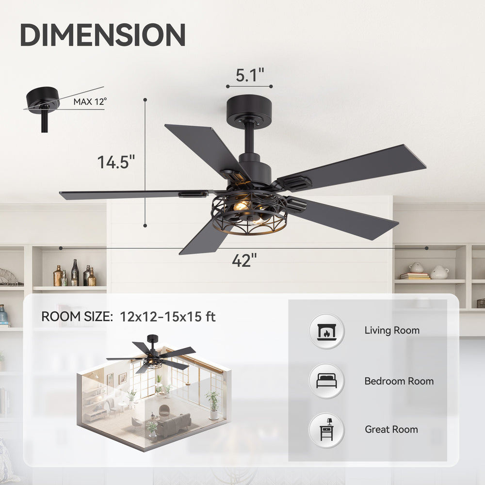 42-inch Ceiling Fan with Distressed White or Matte Black Finish, 5 Reversible Blades, Quiet DC Motor, Remote Control,6" Downrod
