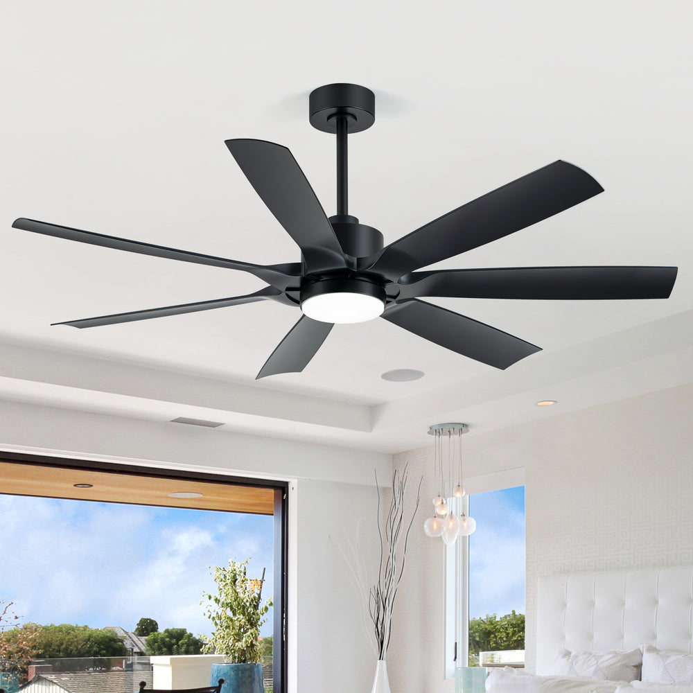 60-inch Modern Matte Black 7-Blade Ceiling Fan with 18W LED Light, 6-Speed DC Motor,Remote,3 Color Temps and Dual Downrods (6" & 12")