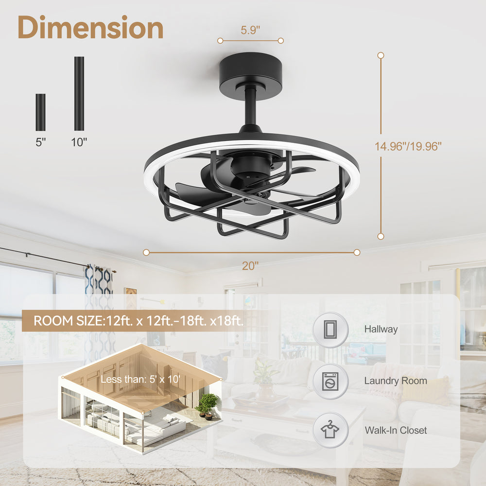 20-Inch Ceiling Fan with Light, Low Profile Flush Mount or Downrod, DC Motor, 6 Speeds, RGB & 3CCT Dimmable LED, Remote Control, Matte Black
