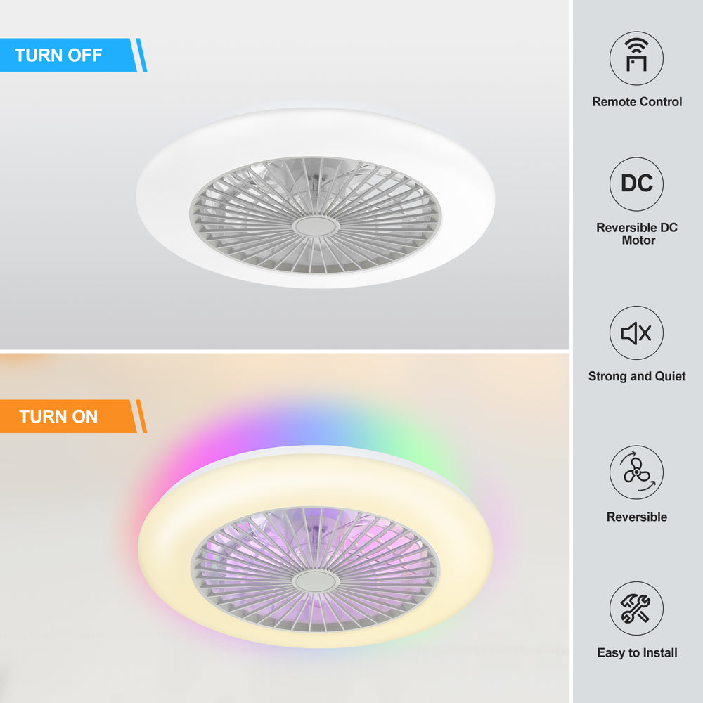 19 Inch Enclosed Low Profile RGB Ceiling Fan Works with Alexa/Google/APP