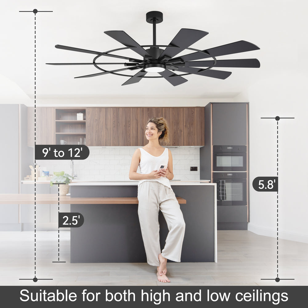 62 Inch Ceiling Fan with Light and Remote, Quiet DC Motor, 6 Speed Reversible Ceiling Fan, 3 Color Temperature LED, Dual Finish Blades, Modern Large Room Fan