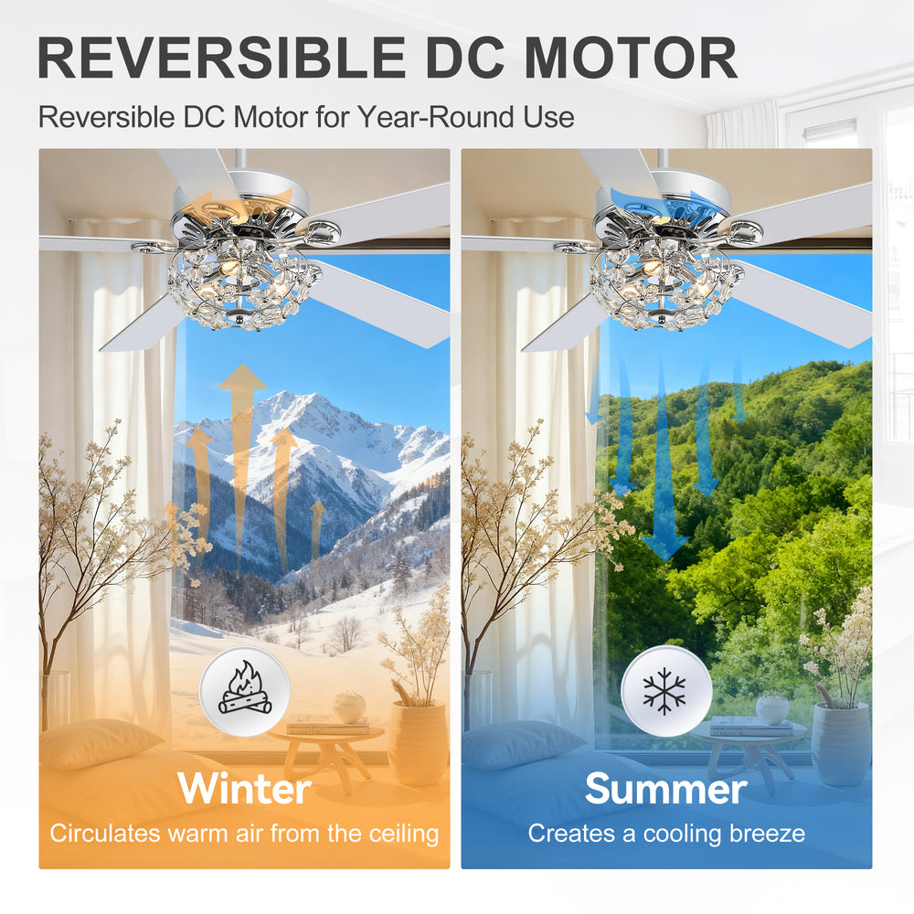 52-Inch Chrome Ceiling Fan with Light, Reversible DC Motor, 6 Speeds Remote Control, 5 Blades, E12 Bulb Base, Downrod Mount