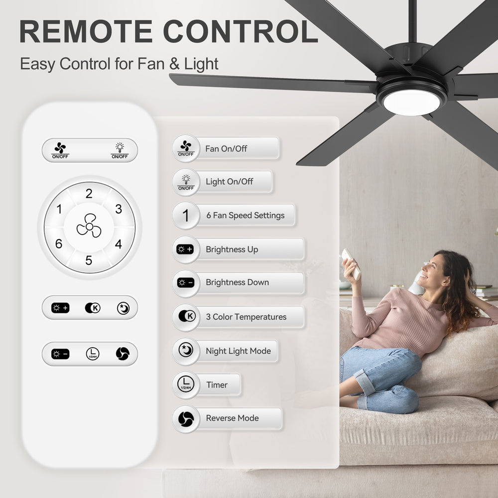 Modern 60" Ceiling Fan with LED Light, Remote Control, Quiet DC Motor, 6-Speed Reversible Fan, Dimmable Lighting, Timer for Bedroom