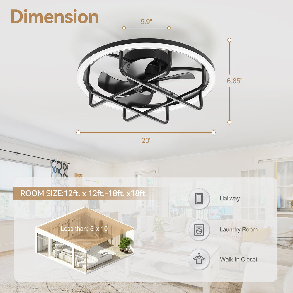 20-Inch Ceiling Fan with Light, Low Profile Flush Mount or Downrod, DC Motor, 6 Speeds, RGB & 3CCT Dimmable LED, Remote Control, Matte Black