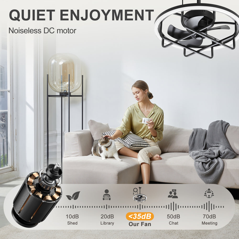 20" Outdoor Ceiling Fan with RGB LED Light, Modern Black Caged Design, Quiet Reversible DC Motor, 6 Speeds, Dimmable, Remote, Timer, Memory