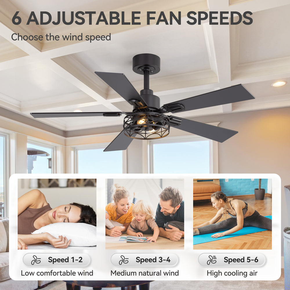 42-inch Ceiling Fan with Distressed White or Matte Black Finish, 5 Reversible Blades, Quiet DC Motor, Remote Control,6" Downrod