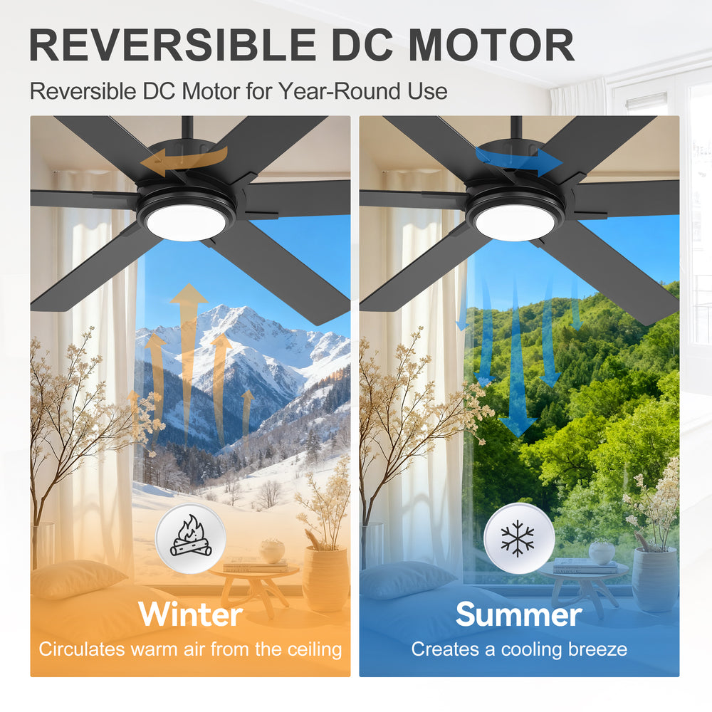 Modern 60" Ceiling Fan with LED Light, Remote Control, Quiet DC Motor, 6-Speed Reversible Fan, Dimmable Lighting, Timer for Bedroom