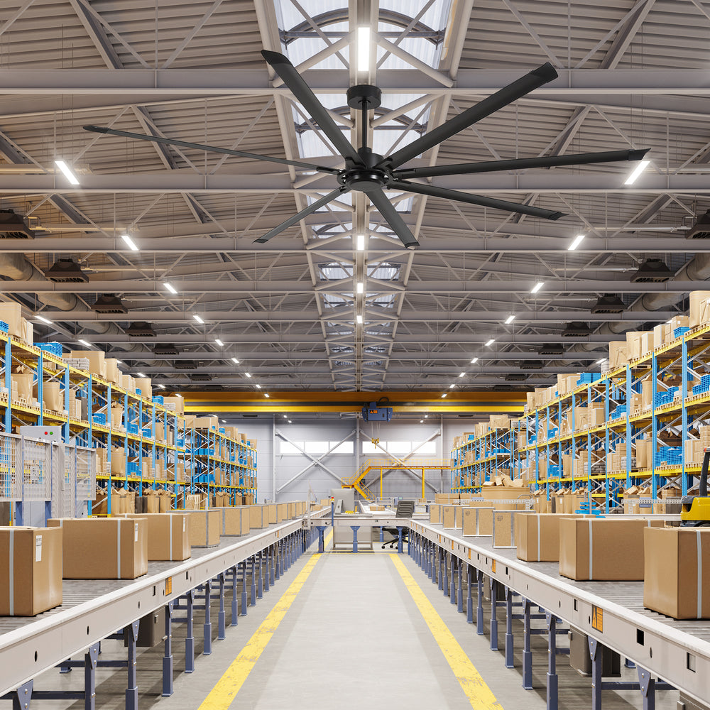 120 Inch Large Industrial Ceiling Fan with 8 Aluminum Blades No Light, Quiet Reversible DC Motor, 6 Speeds, Remote Control, Black, Warehouse Garage Commercial Ceiling Fan
