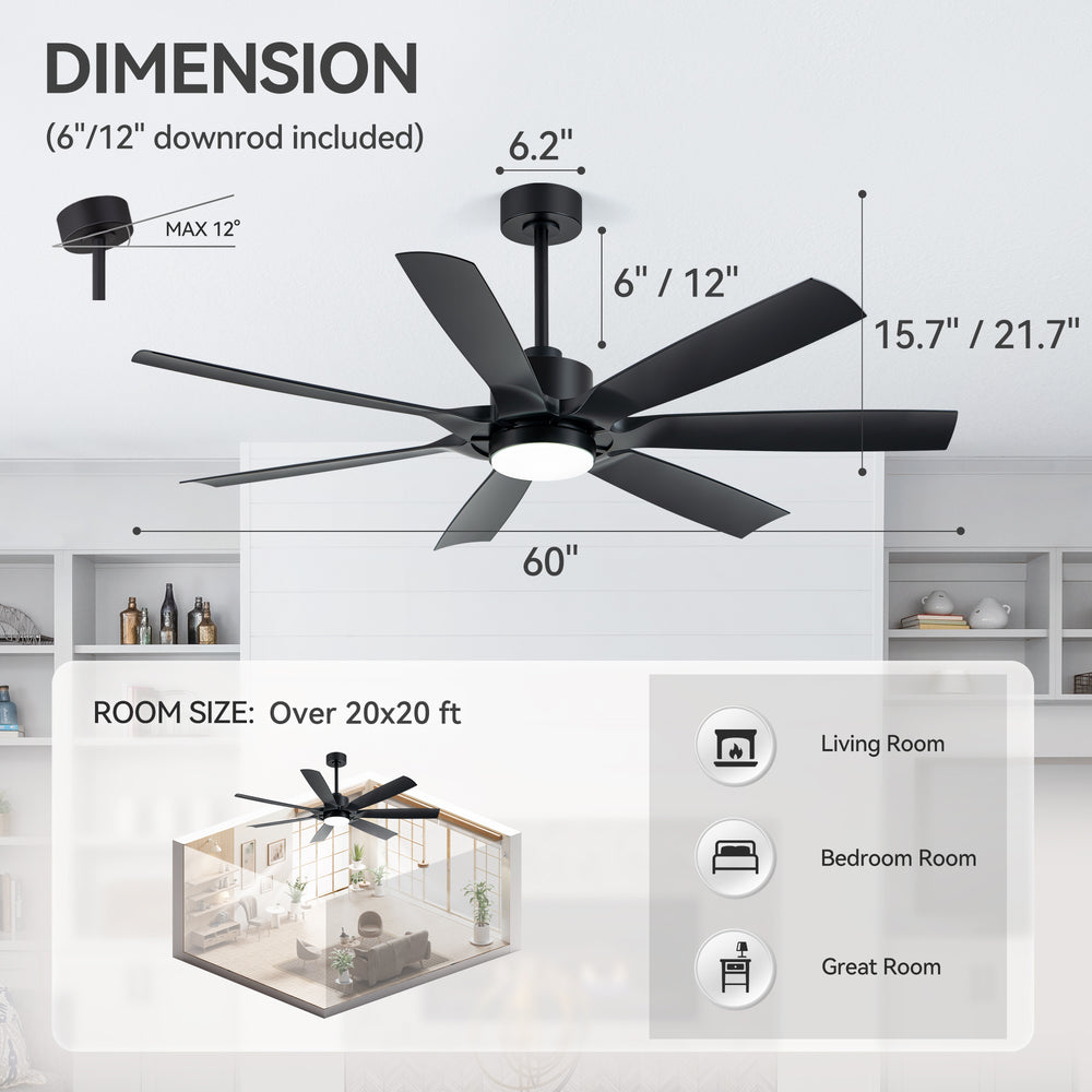 60-inch Modern Matte Black 7-Blade Ceiling Fan with 18W LED Light, 6-Speed DC Motor,Remote,3 Color Temps and Dual Downrods (6" & 12")