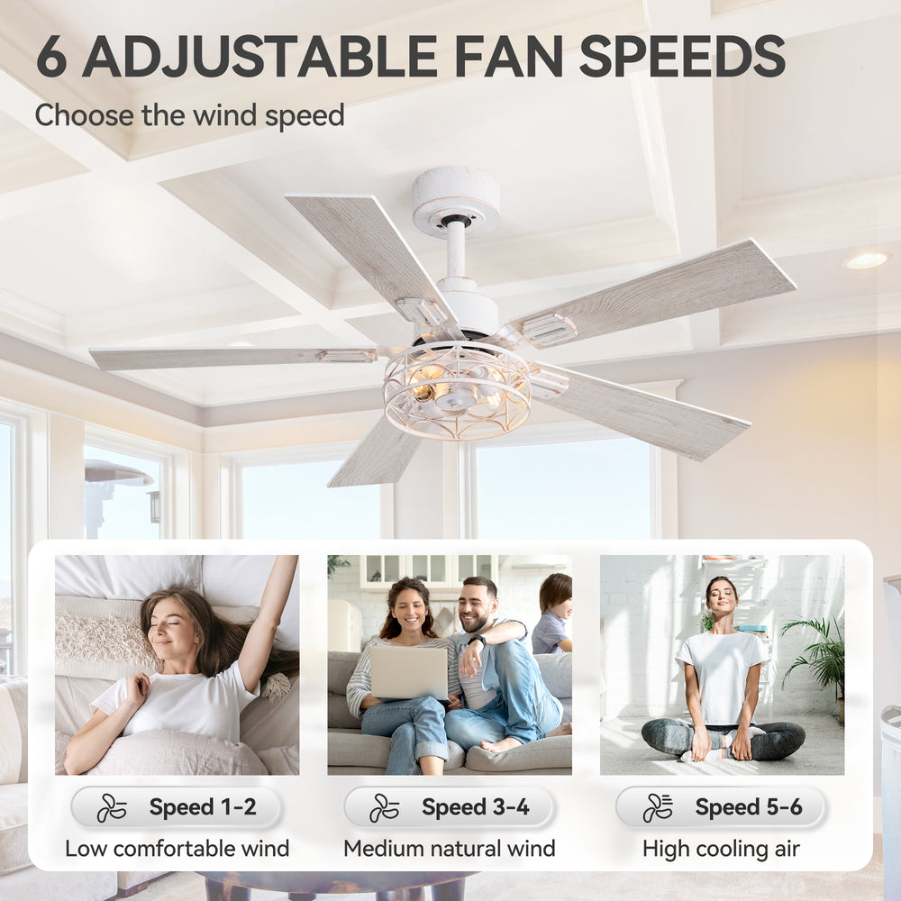 42-inch Ceiling Fan with Distressed White or Matte Black Finish, 5 Reversible Blades, Quiet DC Motor, Remote Control,6" Downrod