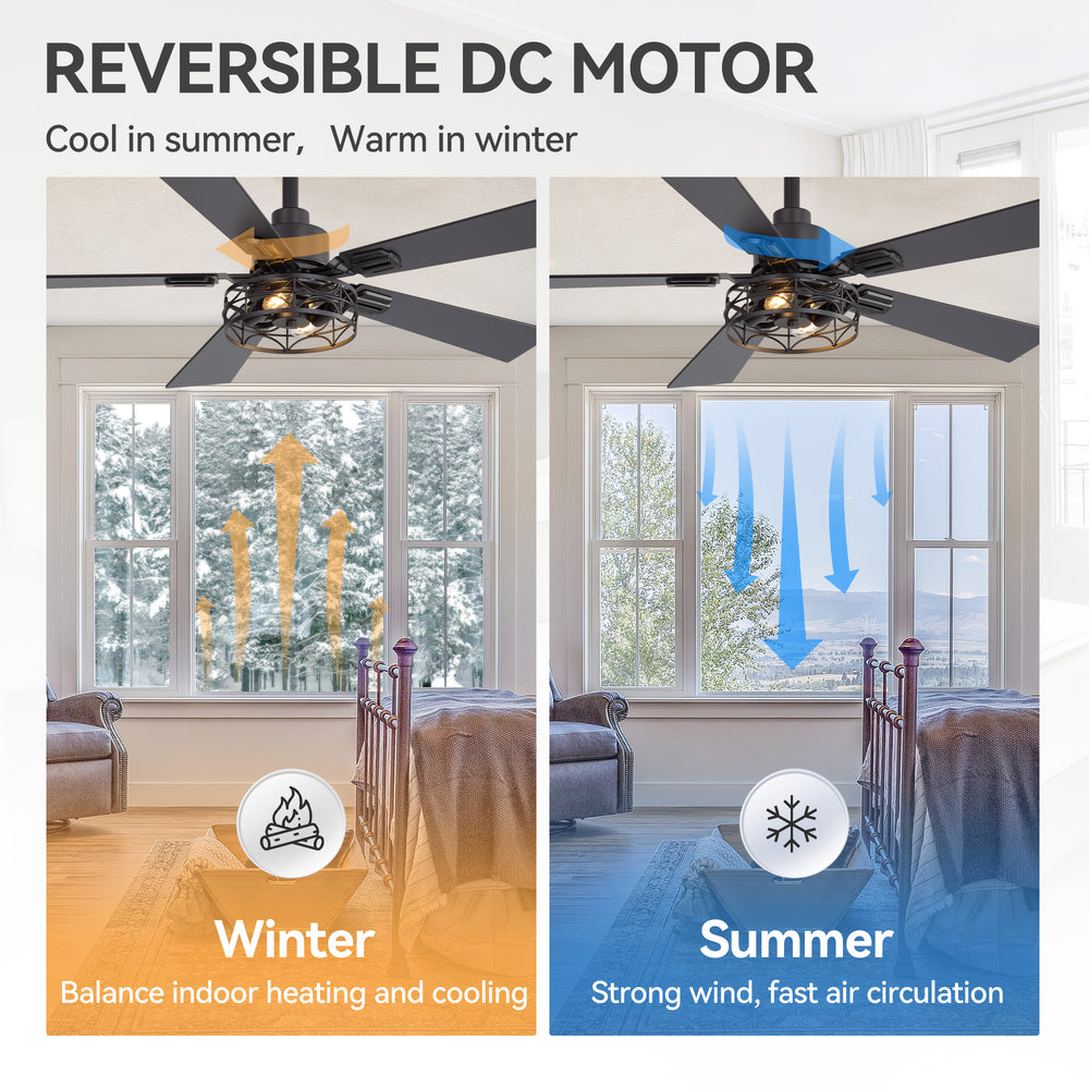 42-inch Ceiling Fan with Distressed White or Matte Black Finish, 5 Reversible Blades, Quiet DC Motor, Remote Control,6" Downrod